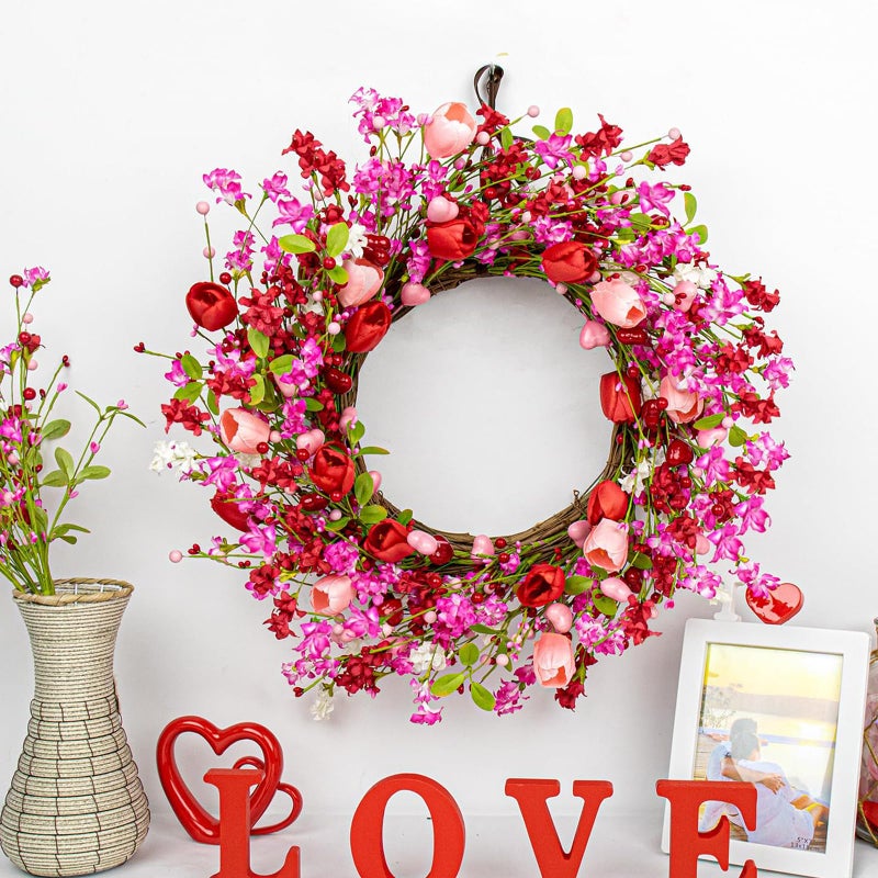 Yawwind 22 Inches Valentine Wreath Red Valentines Wreaths for Front Door Valentine's Day Flower Wreath with Tulips Heart Berry for Window Porch Indoors Outside - Image 2