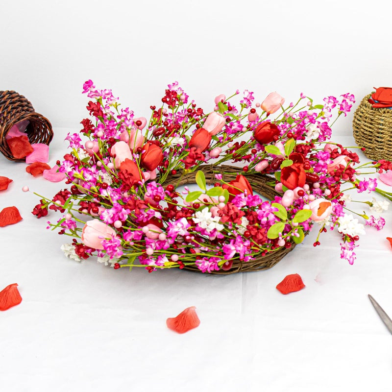 Yawwind 22 Inches Valentine Wreath Red Valentines Wreaths for Front Door Valentine's Day Flower Wreath with Tulips Heart Berry for Window Porch Indoors Outside - Image 5
