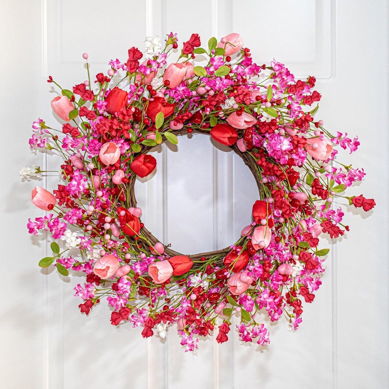 Yawwind 22 Inches Valentine Wreath Red Valentines Wreaths for Front Door Valentine's Day Flower Wreath with Tulips Heart Berry for Window Porch Indoors Outside - Image 3