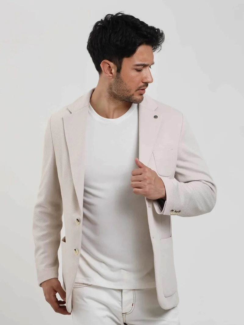 Dufy Cream Men's Slim Fit Plain Mono Collar Casual Jacket 104445