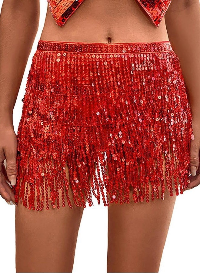 Lauthen.S Women Belly Dance Hip Scarf Sequin Tassel Beach Wrap Skirt, Red, One size - Image 1