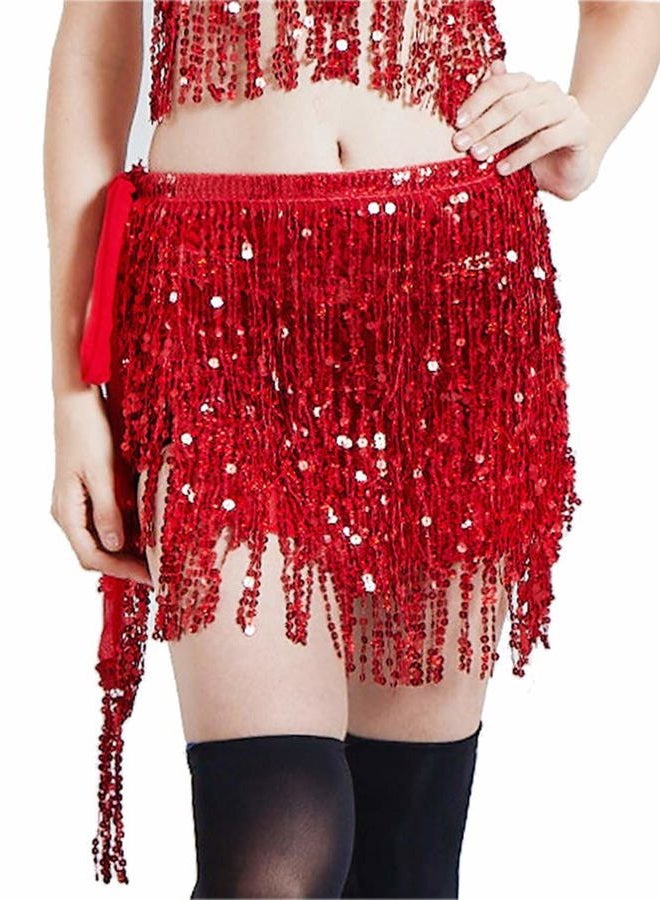Lauthen.S Women Belly Dance Hip Scarf Sequin Tassel Beach Wrap Skirt, Red, One size - Image 2