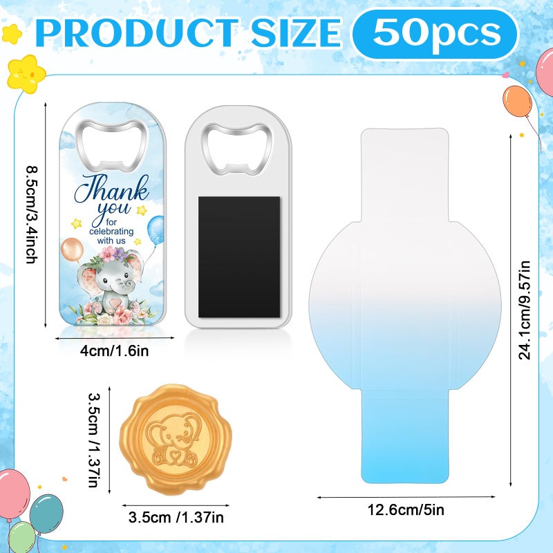 Ninehaoou Ninehaoou 50 Sets Baby Shower Bottle Opener Bulk Return Gifts for Guests Thank You Magnetic Bottle Opener with Wax Sticker Gift Box for Baby Shower Baptism Souvenir  - Image 2