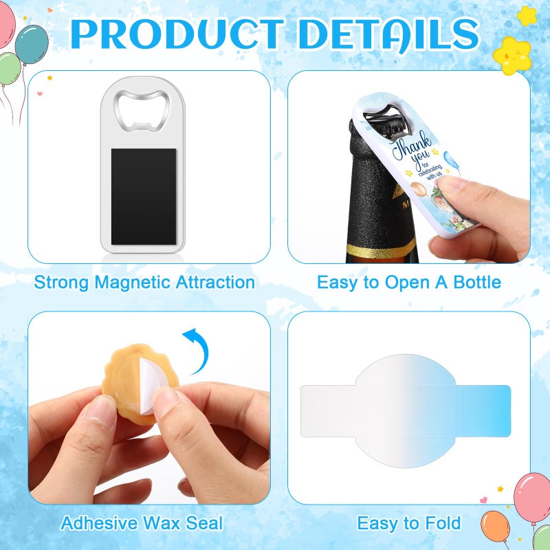 Ninehaoou Ninehaoou 50 Sets Baby Shower Bottle Opener Bulk Return Gifts for Guests Thank You Magnetic Bottle Opener with Wax Sticker Gift Box for Baby Shower Baptism Souvenir  - Image 3