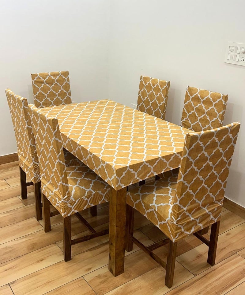 ohello Polycotton Chair Covers Set of 6 with Table Cover are Stretchable slipcover Easily Washable Dining Chair Cover for Home use CTC_001 Yellow - Image 2