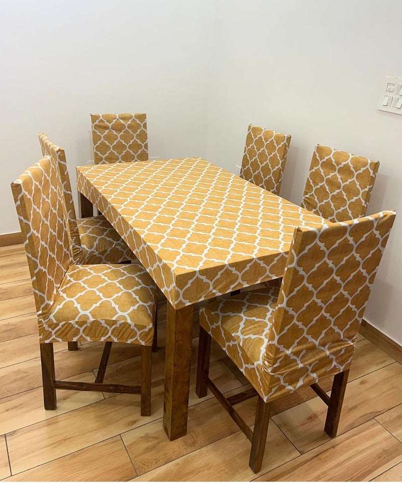 ohello Polycotton Chair Covers Set of 6 with Table Cover are Stretchable slipcover Easily Washable Dining Chair Cover for Home use CTC_001 Yellow - Image 1