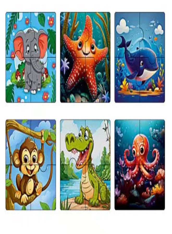 CAPIO ART Kid's Wooden Jigsaw Puzzle Games 6 in 1 Cognitive Development 24 Piece Puzzles Game for Kids Educational UV Printed Marine Life Fun Game (Pack of 6, Natural Theme) - Image 1