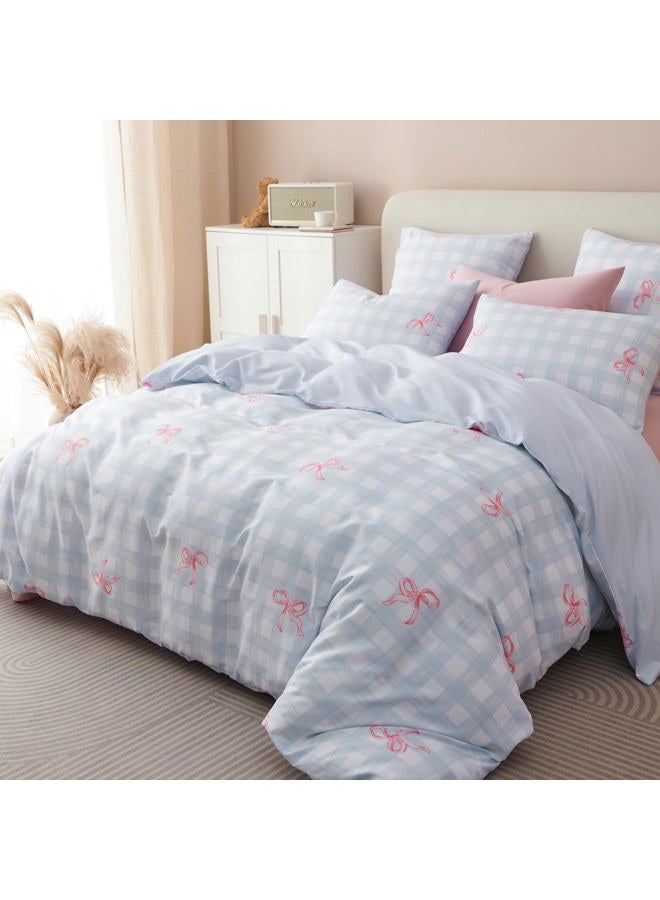 Bildenly Twin Size Duvet Cover - Blue Plaid Pink Bowknot Comforter Cover Soft & Lightweight Microfiber Quilt Cover with Zipper Closure and 1 Pillowcase - Image 2