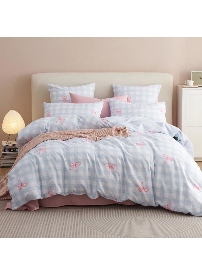 Bildenly Twin Size Duvet Cover - Blue Plaid Pink Bowknot Comforter Cover Soft & Lightweight Microfiber Quilt Cover with Zipper Closure and 1 Pillowcase - Image 1