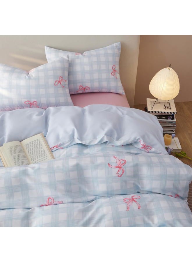 Bildenly Twin Size Duvet Cover - Blue Plaid Pink Bowknot Comforter Cover Soft & Lightweight Microfiber Quilt Cover with Zipper Closure and 1 Pillowcase - Image 3