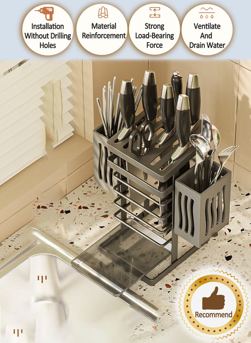 Stainless Steel Kitchen Knife Rack,Universal Knife Block Holder, 7 Slot Universal Knife Holder Countertop,2 Multi-Functional Storage Rack,Butcher Block Knife Storage Organizer For Kitchen,Water Tray,Wall Mounted Kitchen Stand,Spoon Chopstick Tableware Knife Storage Holder,Wall Mounted Storage Rack  - Image 1