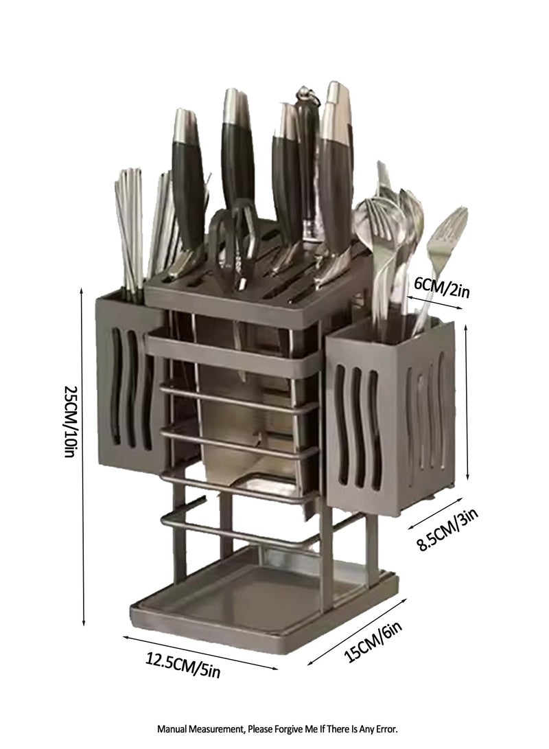 Stainless Steel Kitchen Knife Rack,Universal Knife Block Holder, 7 Slot Universal Knife Holder Countertop,2 Multi-Functional Storage Rack,Butcher Block Knife Storage Organizer For Kitchen,Water Tray,Wall Mounted Kitchen Stand,Spoon Chopstick Tableware Knife Storage Holder,Wall Mounted Storage Rack  - Image 2