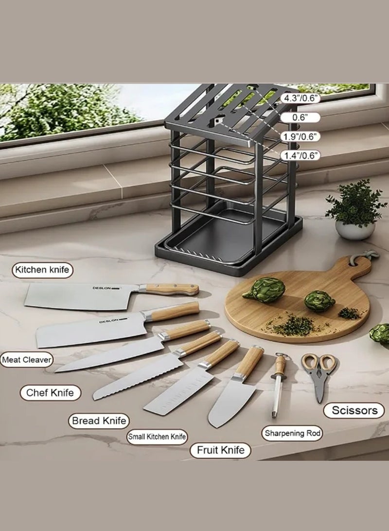 Stainless Steel Kitchen Knife Rack,Universal Knife Block Holder, 7 Slot Universal Knife Holder Countertop,2 Multi-Functional Storage Rack,Butcher Block Knife Storage Organizer For Kitchen,Water Tray,Wall Mounted Kitchen Stand,Spoon Chopstick Tableware Knife Storage Holder,Wall Mounted Storage Rack  - Image 4
