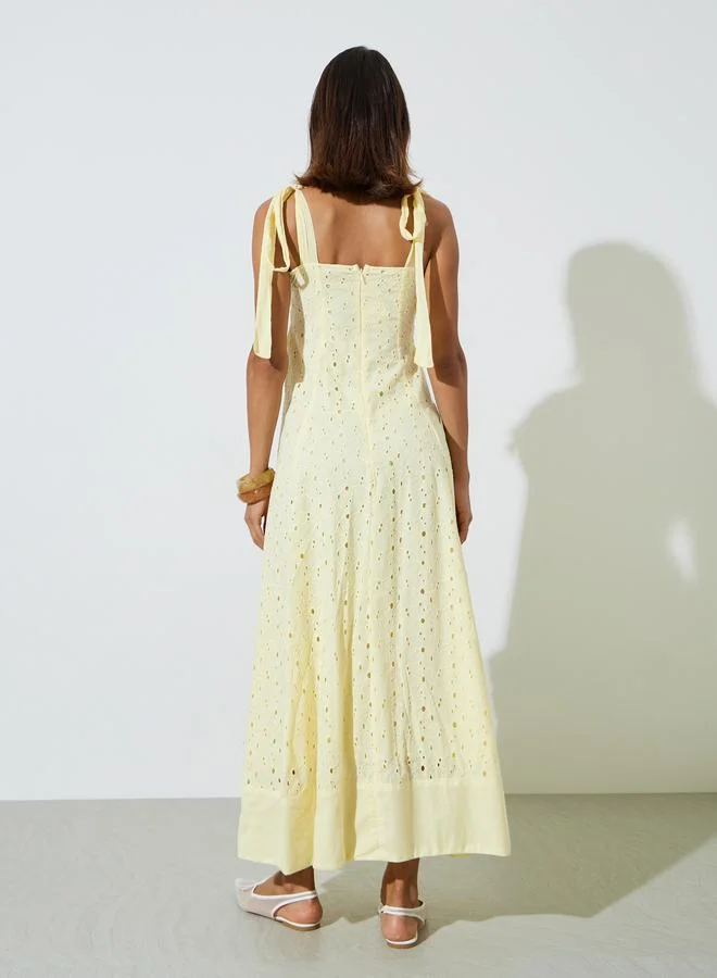 Styli  Yellow Cotton Schiffli A-Line Maxi Dress with Tie-Strap for Women | Best Price UAE