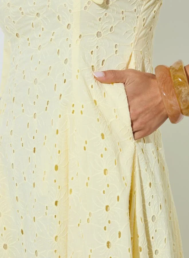 Styli  Yellow Cotton Schiffli A-Line Maxi Dress with Tie-Strap for Women | Best Price UAE