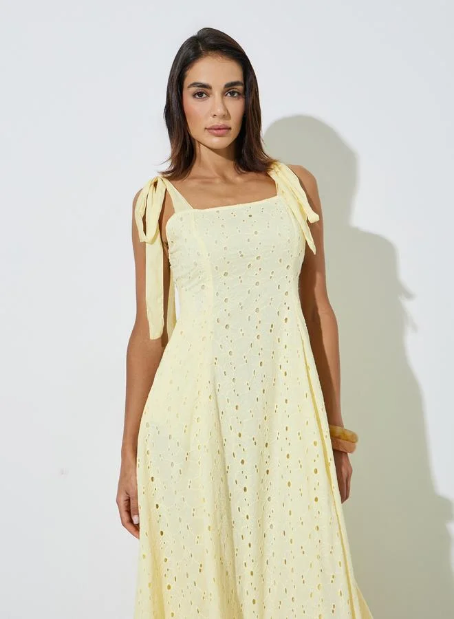 Styli Yellow Cotton Schiffli A-Line Maxi Dress with Tie-Strap