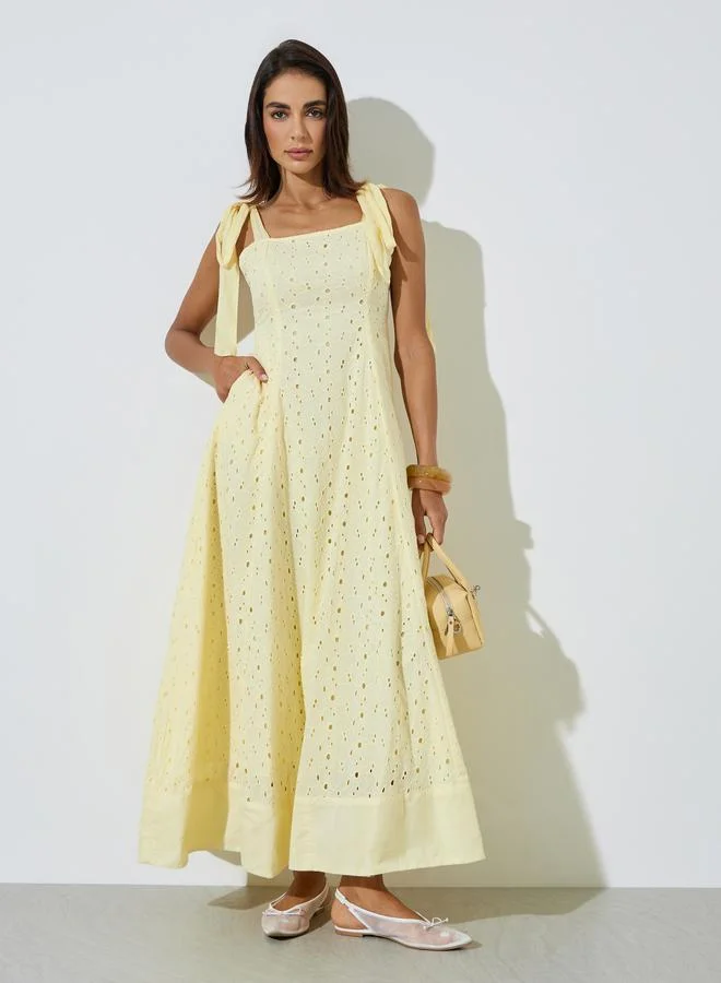 Styli Yellow Cotton Schiffli A-Line Maxi Dress with Tie-Strap