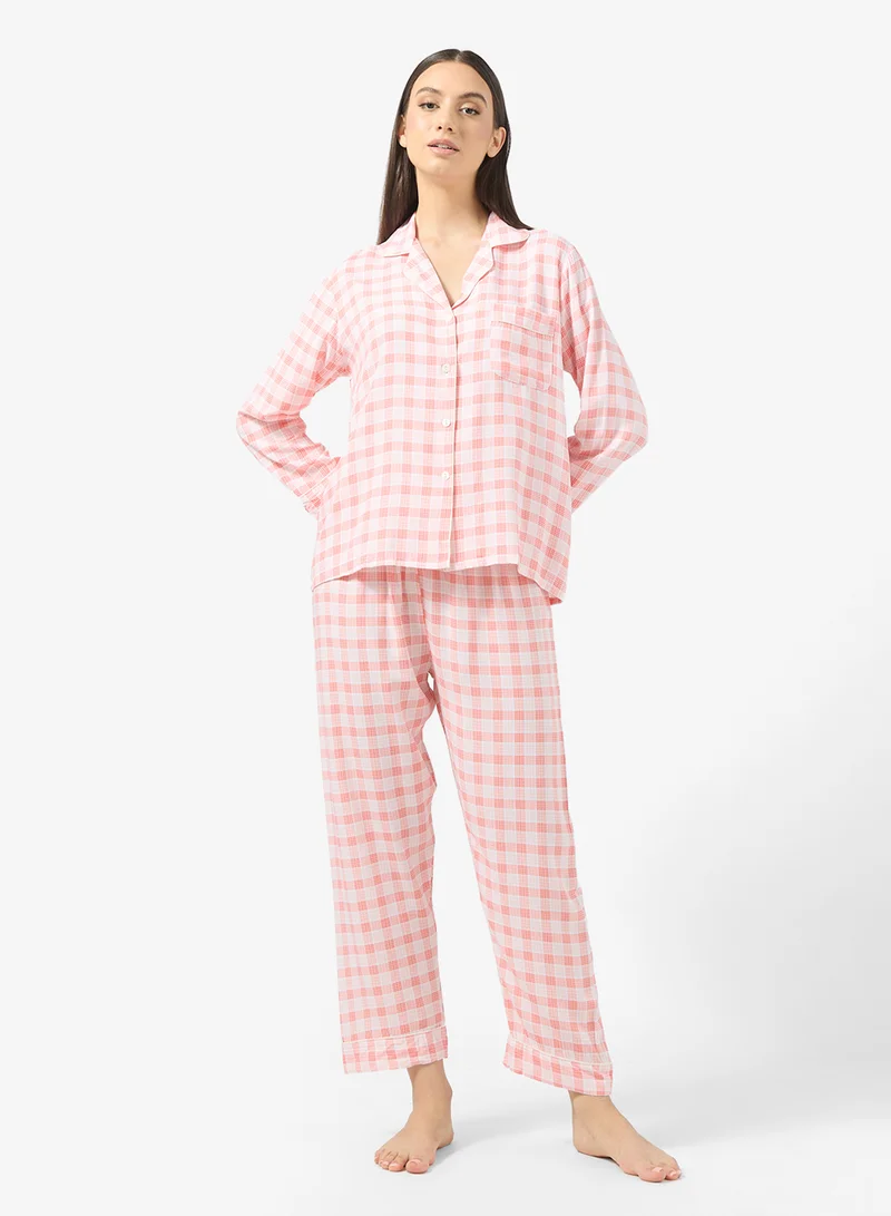 Ginger Button Up Checkered Shirt & Pyjama Set