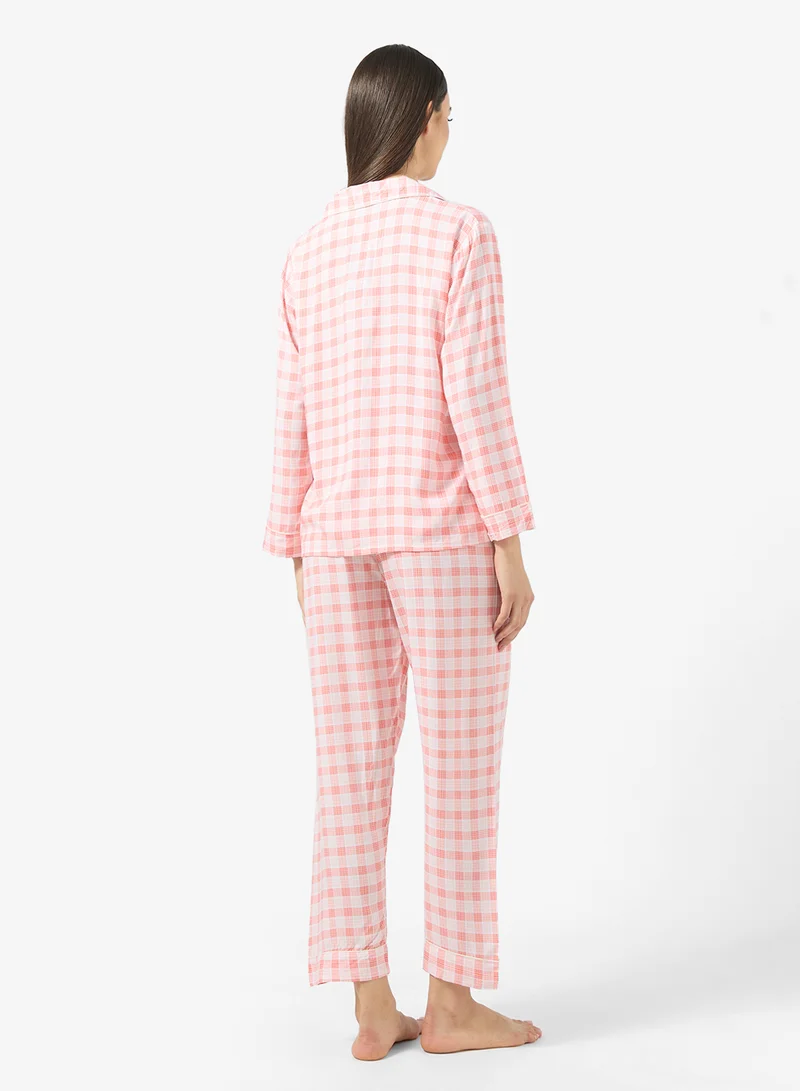Ginger Button Up Checkered Shirt & Pyjama Set