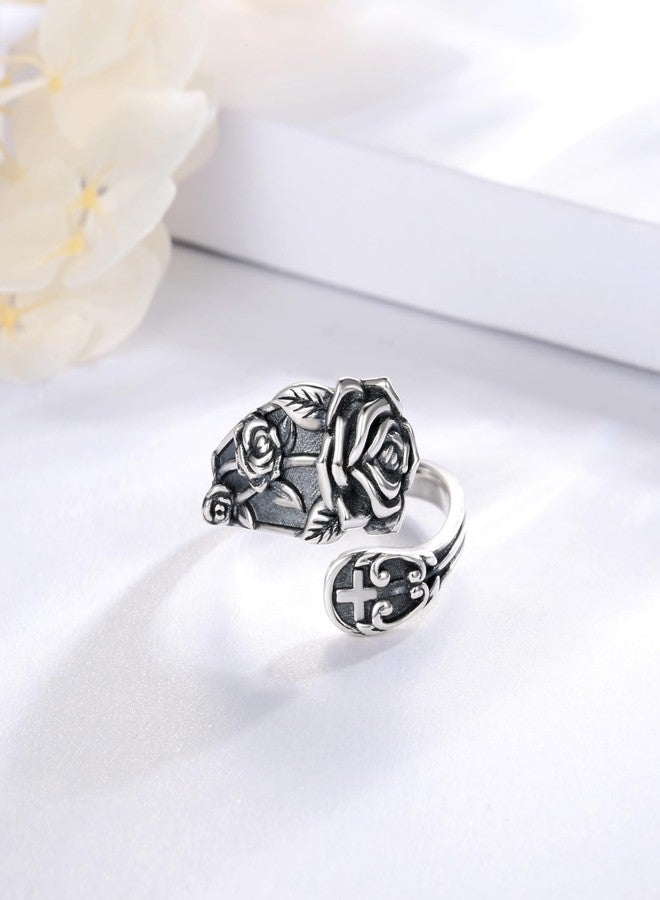 Sariel 925 Sterling Silver Spoon Ring - Vintage Adjustable Butterfly Sunflower Sun SkullSpoon Rings for Women Flower Wide Thumb Ring (Rose) - Image 2