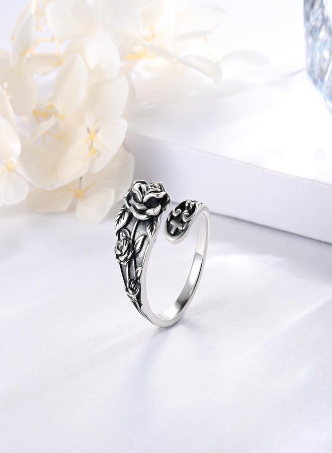 Sariel 925 Sterling Silver Spoon Ring - Vintage Adjustable Butterfly Sunflower Sun SkullSpoon Rings for Women Flower Wide Thumb Ring (Rose) - Image 3