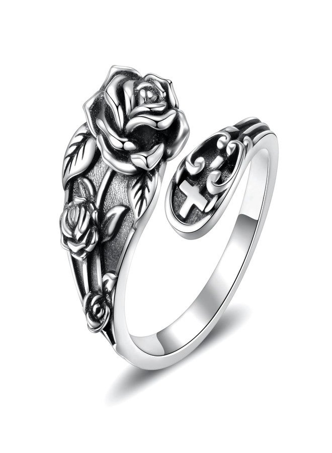 Sariel 925 Sterling Silver Spoon Ring - Vintage Adjustable Butterfly Sunflower Sun SkullSpoon Rings for Women Flower Wide Thumb Ring (Rose) - Image 1