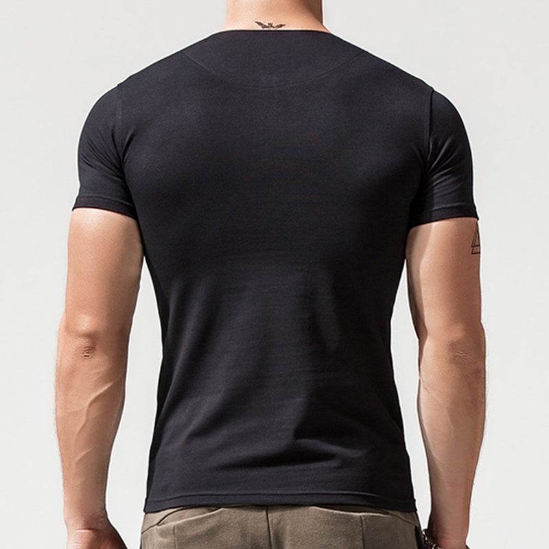 palglg Mens Short Sleeve Cotton Muscle Slim Fitted Sport Henley T-Shirt with Button Black M - Image 2