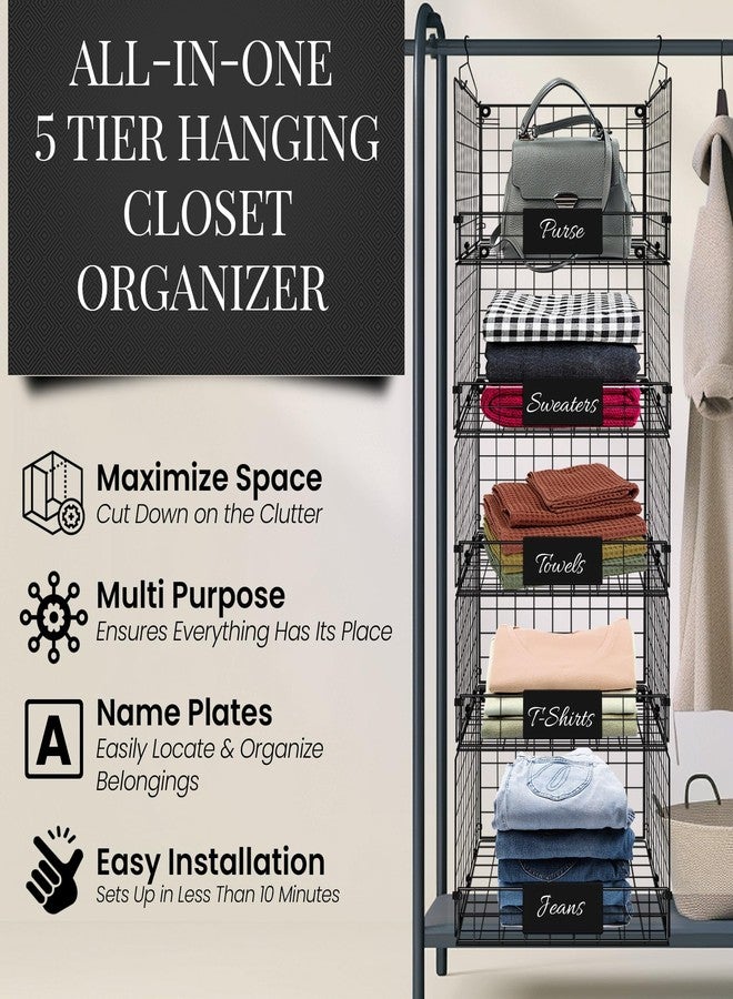 DECOLURE 5-Tier Adjustable Hanging Closet Organizer - Maximize Hanging Storage w/ 4 Hanging Hooks, 8 S Hooks & 5 Name Plates - Sturdy Foldable Wire Storage Hanging Shelves for Clothes, Towels (Black) - Image 3