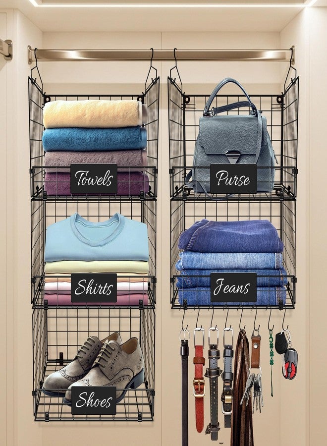 DECOLURE 5-Tier Adjustable Hanging Closet Organizer - Maximize Hanging Storage w/ 4 Hanging Hooks, 8 S Hooks & 5 Name Plates - Sturdy Foldable Wire Storage Hanging Shelves for Clothes, Towels (Black) - Image 1