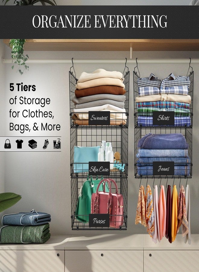 DECOLURE 5-Tier Adjustable Hanging Closet Organizer - Maximize Hanging Storage w/ 4 Hanging Hooks, 8 S Hooks & 5 Name Plates - Sturdy Foldable Wire Storage Hanging Shelves for Clothes, Towels (Black) - Image 4