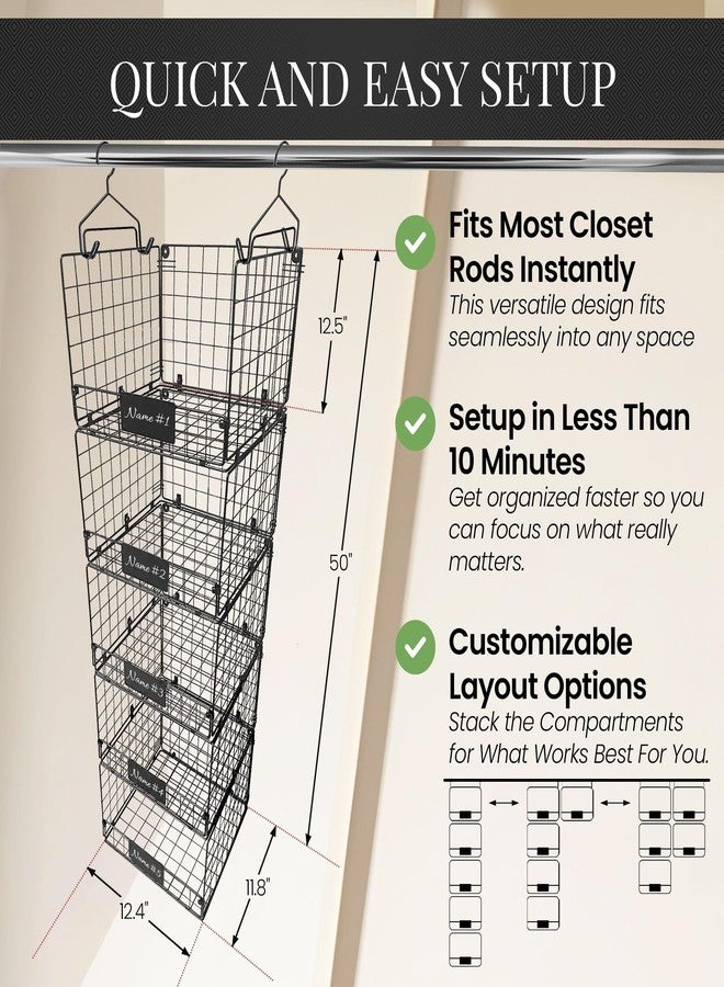 DECOLURE 5-Tier Adjustable Hanging Closet Organizer - Maximize Hanging Storage w/ 4 Hanging Hooks, 8 S Hooks & 5 Name Plates - Sturdy Foldable Wire Storage Hanging Shelves for Clothes, Towels (Black) - Image 5