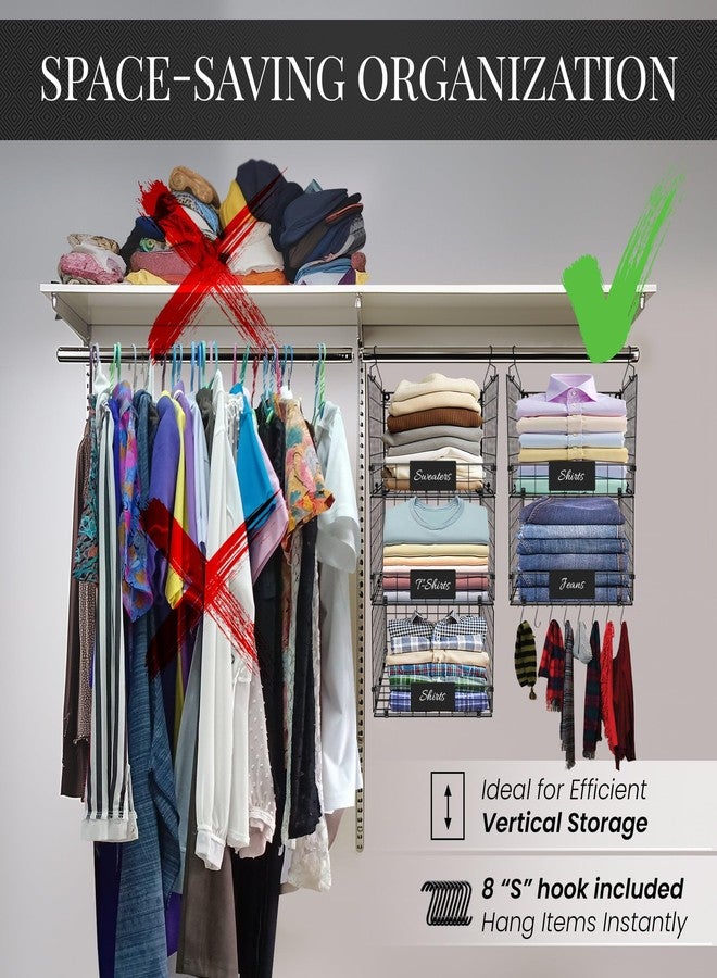 DECOLURE 5-Tier Adjustable Hanging Closet Organizer - Maximize Hanging Storage w/ 4 Hanging Hooks, 8 S Hooks & 5 Name Plates - Sturdy Foldable Wire Storage Hanging Shelves for Clothes, Towels (Black) - Image 2