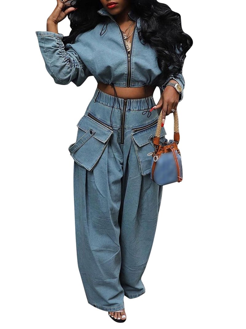 KANSOON Jean Outfits for Women 2 Piece Sets Fall Denim Drawstring Zipper Crop Jacket Wide Leg Pants Loose Outfit Blue M - Image 1