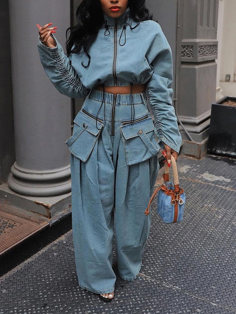 KANSOON Jean Outfits for Women 2 Piece Sets Fall Denim Drawstring Zipper Crop Jacket Wide Leg Pants Loose Outfit Blue M - Image 2