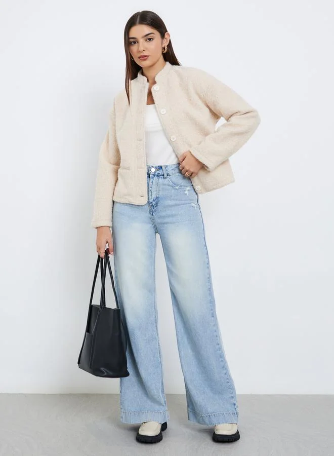 Styli Styli Cream Regular Fit Boiled Wool Trucker Jacket