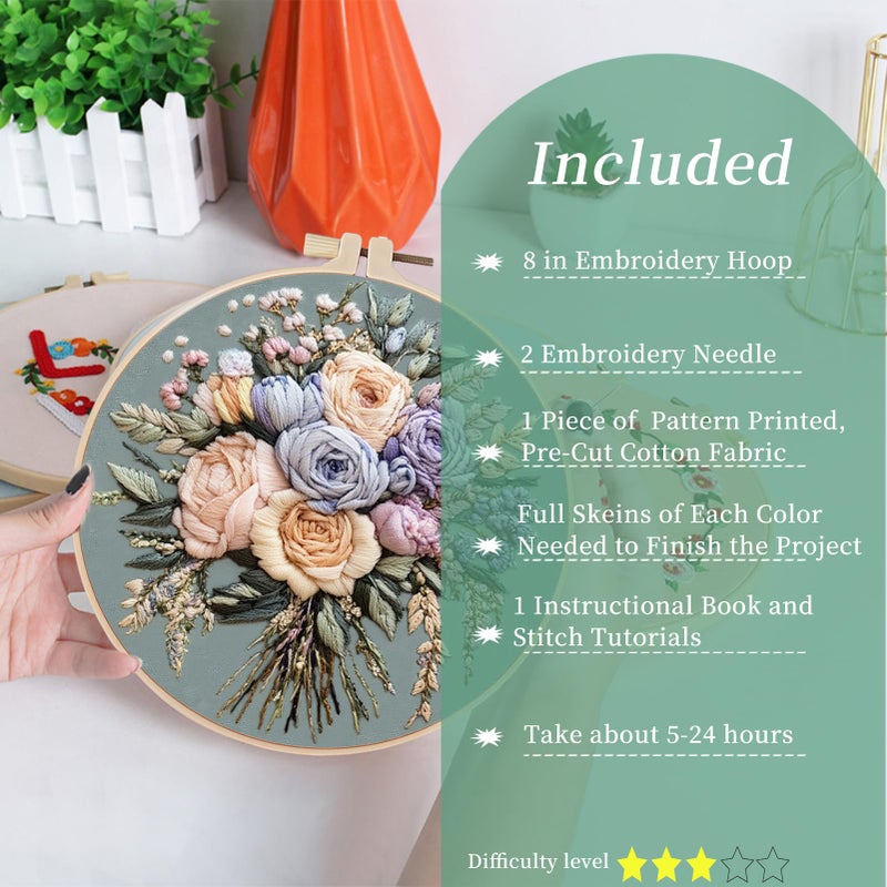 FONNUY Bouquet Flowers Embroidery Kit for Beginners, Pre-Stamped Pattern Kits for Adults with Hoop, Easy to Follow Color Thread Needlework, 8'' Hoop (Joyful Bouquet) - Image 3