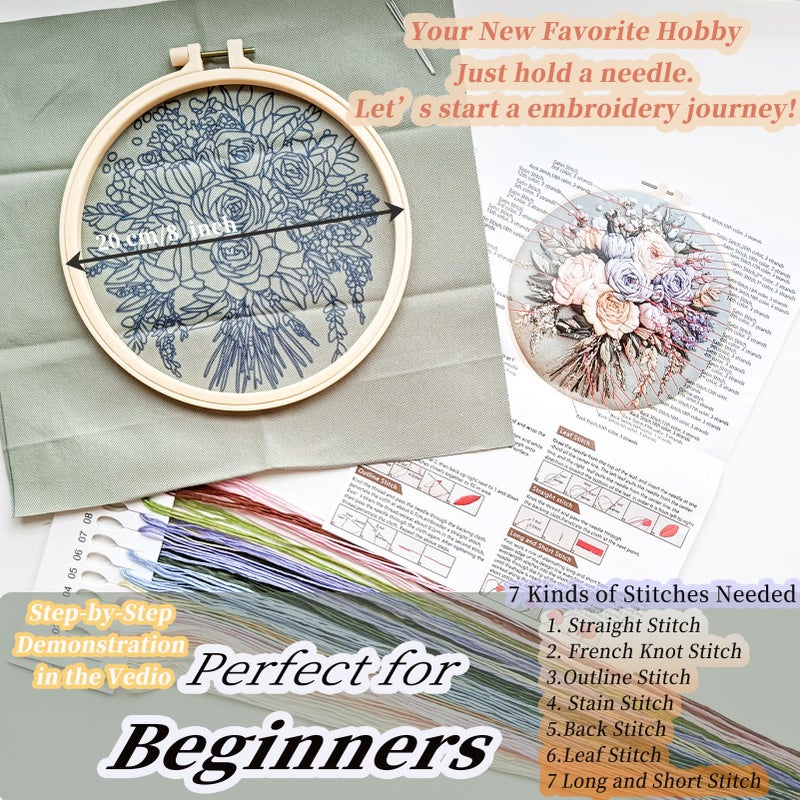 FONNUY Bouquet Flowers Embroidery Kit for Beginners, Pre-Stamped Pattern Kits for Adults with Hoop, Easy to Follow Color Thread Needlework, 8'' Hoop (Joyful Bouquet) - Image 5