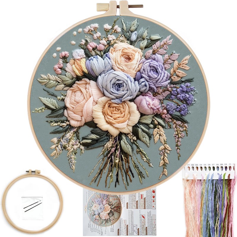 FONNUY Bouquet Flowers Embroidery Kit for Beginners, Pre-Stamped Pattern Kits for Adults with Hoop, Easy to Follow Color Thread Needlework, 8'' Hoop (Joyful Bouquet) - Image 1