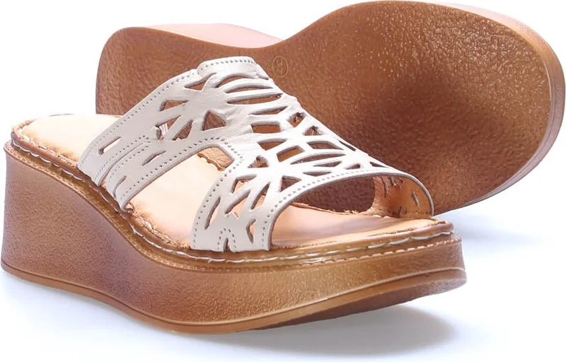 Fast Step Leather Women's Wedge Heel Slippers 972ZA1264