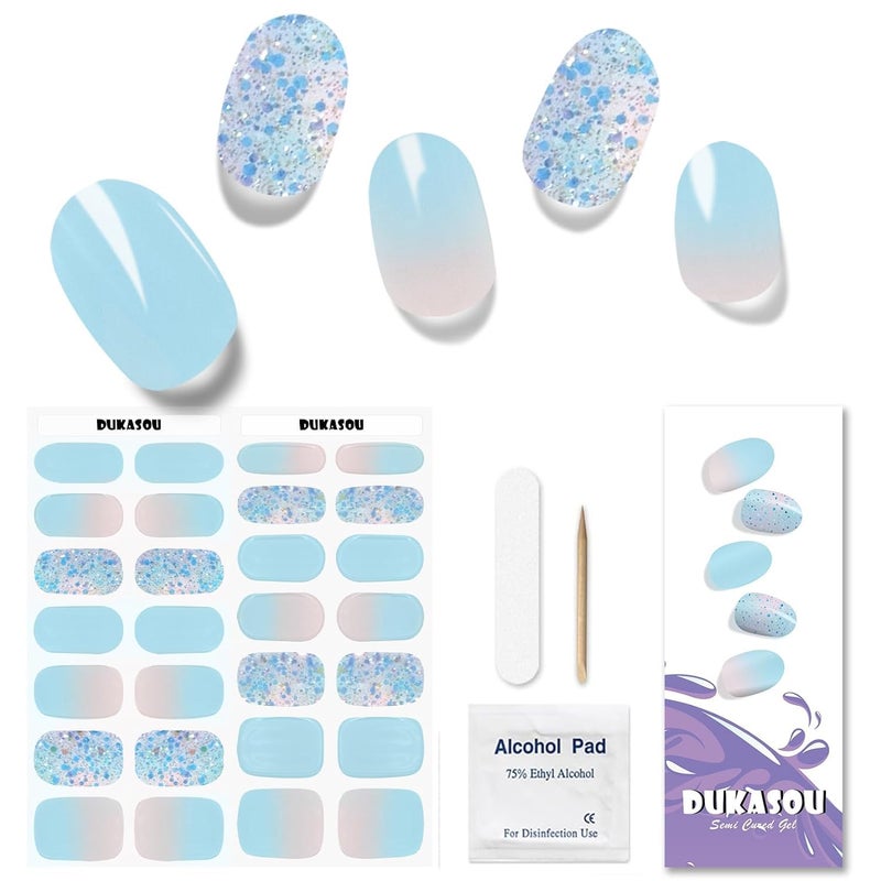 DUKASOU Semi Cured Gel Nail Strips Summer Blue 28 pcs Gel Nail Strips Work with Any UV Lamp Salon Quality UV Nails Stickers Easy to Apply for Home Nails DIY