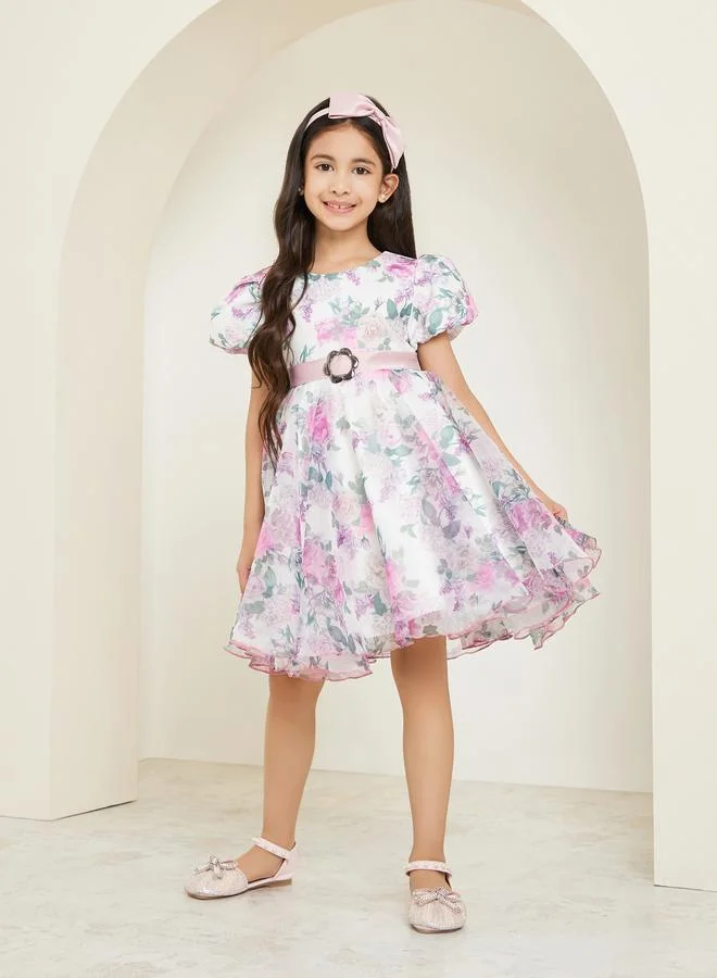 Styli Girls Floral Printed Puff Sleeve Dress with Bow Headband