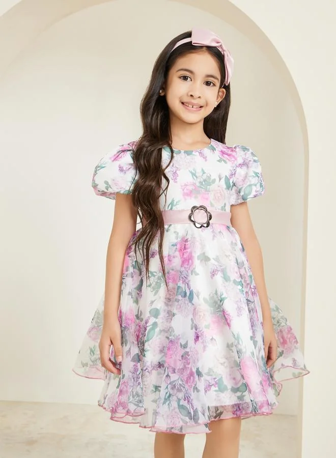 Styli Girls Floral Printed Puff Sleeve Dress with Bow Headband