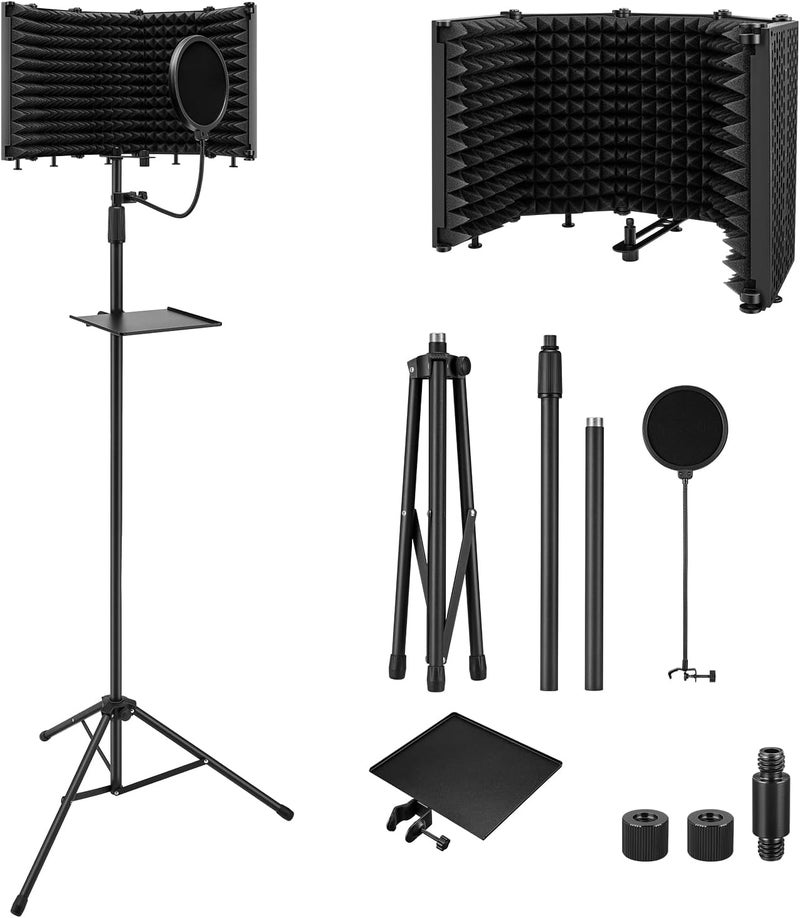 Moukey Microphone Isolation Shield with Pop Filter & Tripod Stand, Foldable Mic Shield with Triple Sound Insulation, High Density Mic Sound Shield for Recording Studio, Podcasts, Singing, Broadcasting - Image 1