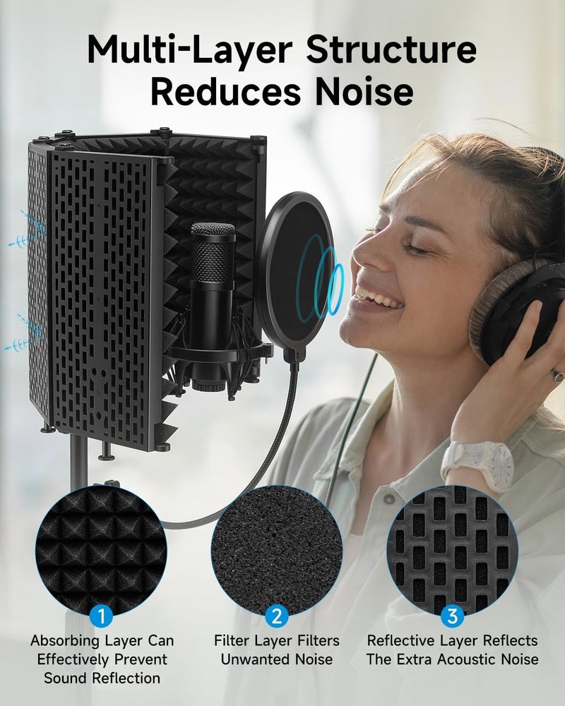 Moukey Microphone Isolation Shield with Pop Filter & Tripod Stand, Foldable Mic Shield with Triple Sound Insulation, High Density Mic Sound Shield for Recording Studio, Podcasts, Singing, Broadcasting - Image 2