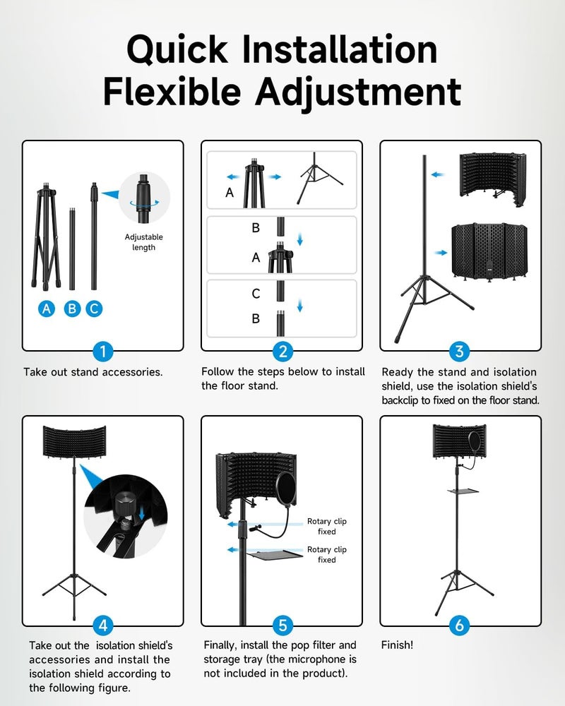 Moukey Microphone Isolation Shield with Pop Filter & Tripod Stand, Foldable Mic Shield with Triple Sound Insulation, High Density Mic Sound Shield for Recording Studio, Podcasts, Singing, Broadcasting - Image 5