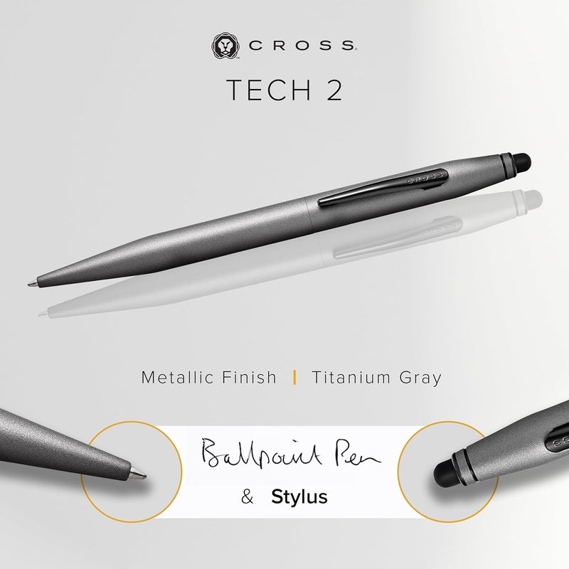 Cross Tech2 Refillable Ballpoint Pen, Medium Ballpen With Stylus, Includes Premium Gift Box - Titanium Grey - Image 2