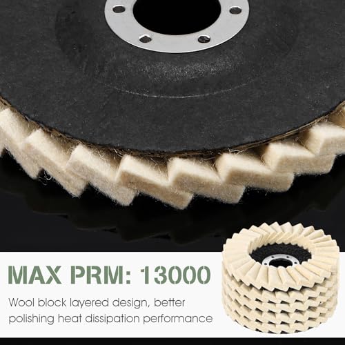 Heigble 8 Pcs Wool Polishing Wheel Disc and Polishing Compounds Set Includes 5 Thicken Arbor Buffing Wheel 3 Buffing Compound 4 1/2 x 7/8 Inch Felt Flap Disc for Angle Grinder, Multi Surface - Image 3