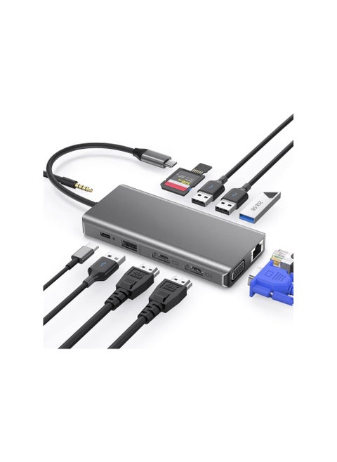 USB C Docking Station 12-in-1 Multiport Hub with 2x 4K HDMI, VGA, 100W Power Delivery, Gigabit Ethernet, 4 USB-A Ports, Audio Jack, SD/TF Card Reader – Compatible with Most USB-C Devices