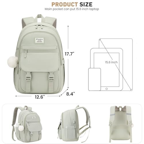 WINDARS School Backpack for Teen Girls, Cute College Backpacks for Women Students Aesthetic Bookbag Large 15.6 Inch Laptop Bag Middle School Travel Back Pack (Green) - Image 3