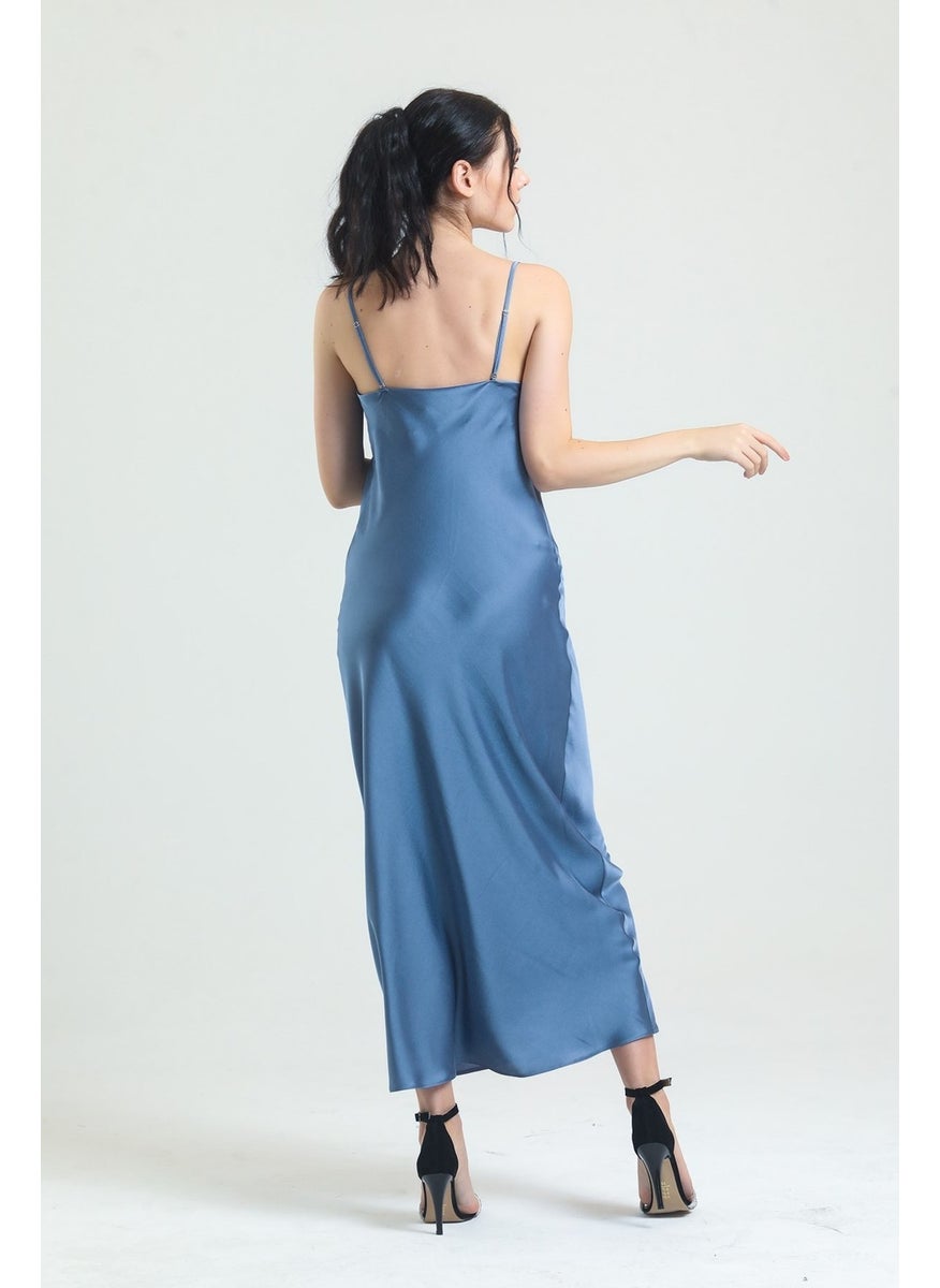 Magic Form 9790 Women's Blue Cowl Collar Crepe Satin Long Nightgown  - Image 3